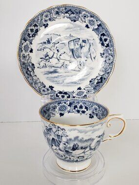 Vintage Tuscan English Bone China Cup and Saucer Set, Blue and White